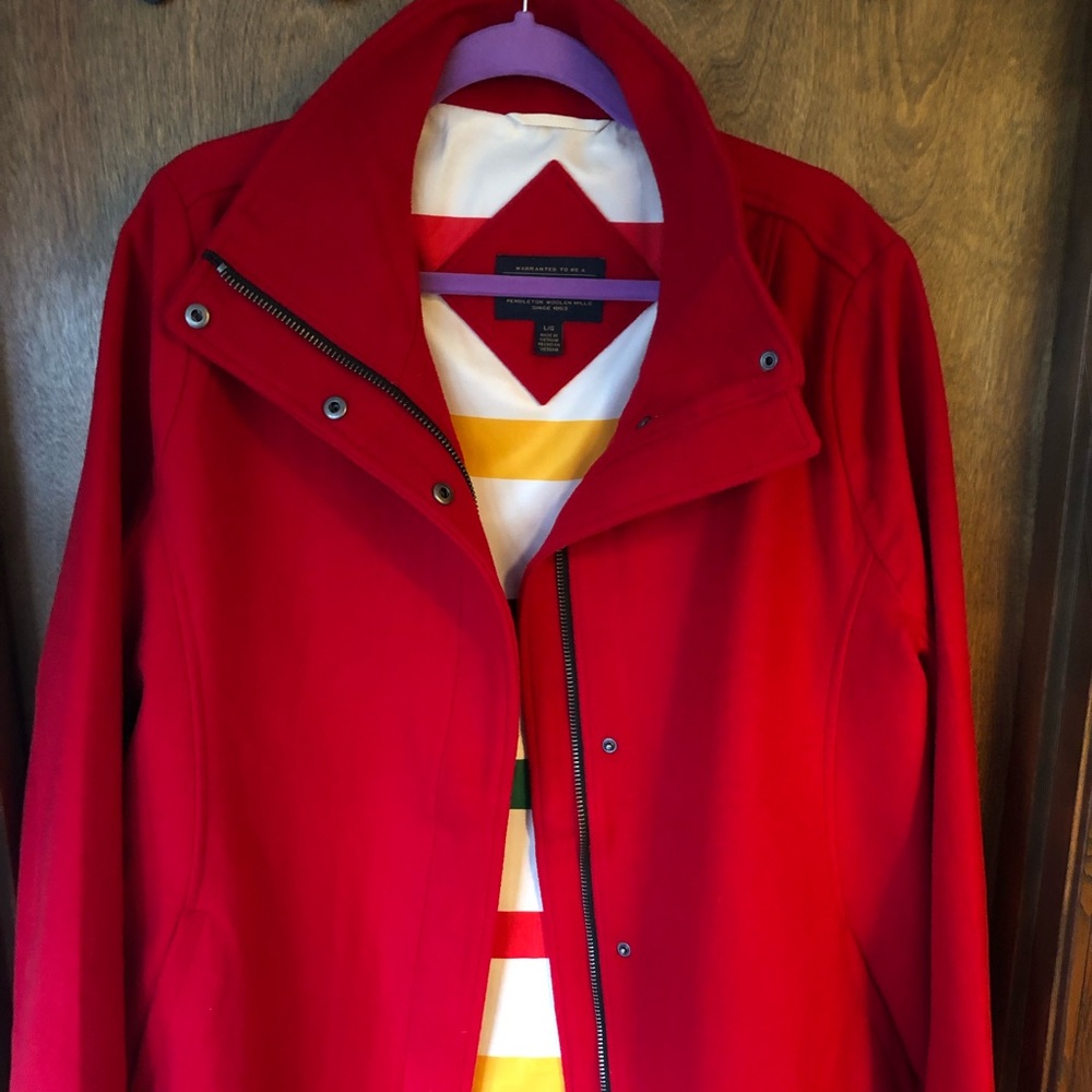 Red Pendleton wool coat